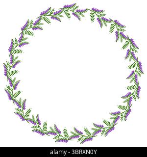 Elegante cornice rotonda vettoriale con un motivo continuo di fiori di vecchietto tufted viola stilizzati e foglie verdi, perfetta per inviti o decorazioni Illustrazione Vettoriale