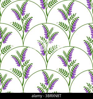 Motivo vettoriale senza cuciture caratterizzato da fiori in vetch stilizzati con eleganti steli ricurvi, che creano un sofisticato design botanico in vivace viola Illustrazione Vettoriale