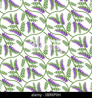 Motivo vettoriale senza cuciture di fiori di vecchietto stilizzati con vivaci fiori viola e foglie verdi, disposti in eleganti linee curve su una ba bianca Illustrazione Vettoriale
