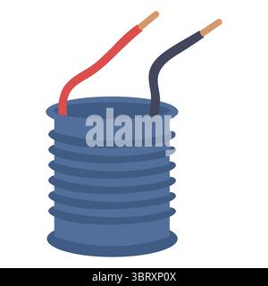 Illustrazione vettoriale di una bobina di filo elettrico blu con fili rossi e neri esposti sporgenti. Illustrazione Vettoriale