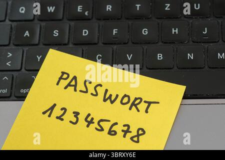 Sicherheitsrisiko auf dem Schreibtisch: Ein Zettel mit dem unsicheren Passwort 12345678 liegt offen auf einem laptop, ein klassisches Beispiel für fahrlässigen Umgang mit sensiblen Zugangsdaten. *** Rischio di sicurezza sulla scrivania: Un pezzo di carta con la password non sicura 12345678 aperta su un laptop è un classico esempio di gestione negligente dei dati di accesso sensibili. Nordrhein-Westfalen Deutschland, Germania GMS19541 Foto Stock