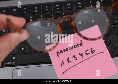 Sicherheitsrisiko auf dem Schreibtisch: Ein Zettel mit dem unsicheren Passwort 123456 liegt offen auf einem laptop, ein klassisches Beispiel für fahrlässigen Umgang mit sensiblen Zugangsdaten. *** Rischio di sicurezza sulla scrivania: Un pezzo di carta con la password non sicura 123456 aperta su un laptop è un classico esempio di gestione negligente dei dati di accesso sensibili. Nordrhein-Westfalen Deutschland, Germania GMS19550 Foto Stock