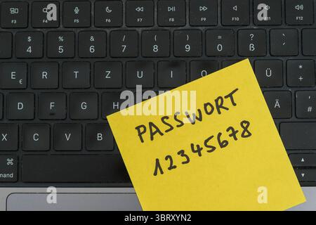 Sicherheitsrisiko auf dem Schreibtisch: Ein Zettel mit dem unsicheren Passwort 12345678 liegt offen auf einem laptop, ein klassisches Beispiel für fahrlässigen Umgang mit sensiblen Zugangsdaten. *** Rischio di sicurezza sulla scrivania: Un pezzo di carta con la password non sicura 12345678 aperta su un laptop è un classico esempio di gestione negligente dei dati di accesso sensibili. Nordrhein-Westfalen Deutschland, Germania GMS19542 Foto Stock
