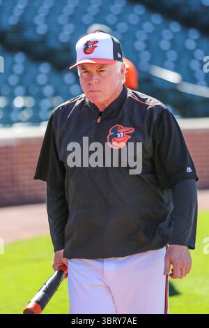 15 giugno 2018: Buck Showalter, manager dei Baltimore Orioles, si dirige verso il dugout prima dell'inizio dell'azione MLB tra Miami Marlins e Baltimore Orioles a Camden Yards a Baltimora, MD. Jonathan Huff/CSM(Credit Image: &Copy; Jonathan Huff/CSM via ZUMA Wire) Foto Stock