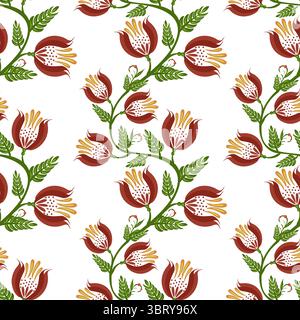 Un motivo vettoriale floreale senza cuciture con fiori rossi e gialli intrecciati con foglie verdi su sfondo bianco. Il design è vivace Illustrazione Vettoriale