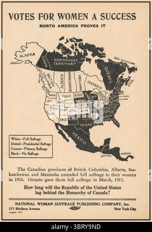 1917 Suffrage «VOTA PER LE DONNE Un SUCCESSO» Mappa del Nord America che illustra gli stati con vari gradi di suffragio con il Canada in testa. National Woman Suffrage Publishing Company New York USA Foto Stock