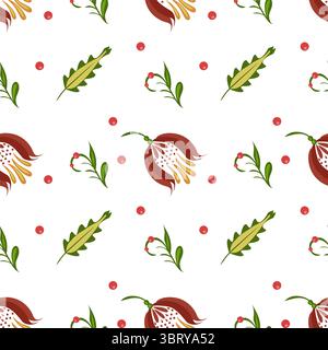Un motivo vettoriale di arte popolare senza cuciture caratterizzato da fiori stilizzati, foglie e piccoli frutti di bosco rossi su sfondo bianco. Il design è vivace e adatto Illustrazione Vettoriale