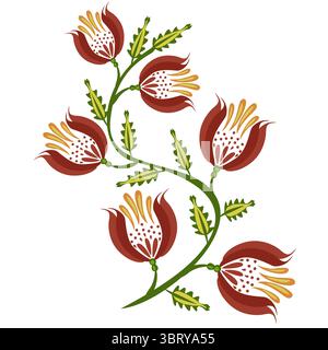 Un design floreale stilizzato caratterizzato da fiori rossi e gialli con foglie verdi, disposti in un disegno vettoriale popolare di vite. L'illustrazione ha Illustrazione Vettoriale