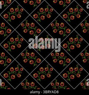 Un motivo vettoriale di arte popolare senza cuciture caratterizzato da fiori stilizzati in tonalità di rosso e giallo su sfondo nero, disposti in un layout a rombo. Illustrazione Vettoriale