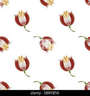 Un motivo vettoriale di arte popolare senza cuciture caratterizzato da fiori stilizzati con petali rossi e stami gialli su sfondo bianco. Il design è moderno e miniaturizzato Illustrazione Vettoriale