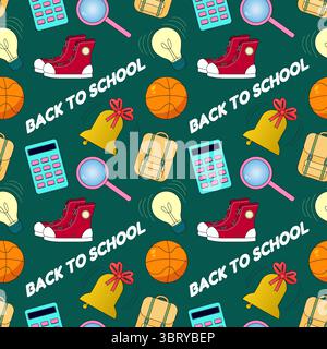 Modello Back to School senza cuciture con sneakers rosse, zaini, calcolatrici, palle da basket, campane, lenti d'ingrandimento, lampadine su sfondo verde. Fil Illustrazione Vettoriale