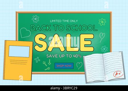 Banner di vendita Back to School con lavagna verde, notebook giallo e illustrazione del libro degli esercizi con valutazione aperta su sfondo grafico. Per la promozione stagionale, Illustrazione Vettoriale
