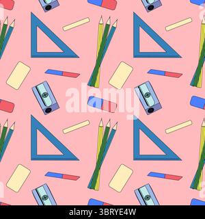 Modello di fornitura scolastica senza interruzioni con matite, affilatrici, gomme e righelli. Illustrazione vettoriale su sfondo rosa. Per tornare a scuola, a scuola Illustrazione Vettoriale