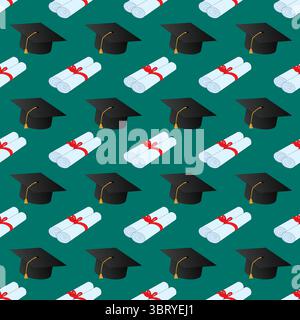 Modello senza cuciture con graduazioni e diplomi su sfondo verde. Per il ritorno a scuola, i risultati accademici e il tema delle celebrazioni scolastiche, o sch Illustrazione Vettoriale