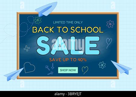 Striscione di vendita Back to School con lavagna, aerei di carta blu e scarabocchi di gesso. Design promozionale cartoni animati su sfondo grafico. Per promozioni stagionali Illustrazione Vettoriale