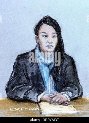 Precedentemente inedito sketch di Elizabeth Cook datato 27/2/2025, di Constance Marten che appare all'Old Bailey di Londra, durante un'udienza di appello contro le sue condanne. Data di pubblicazione: Lunedì 14 luglio 2025. Foto Stock