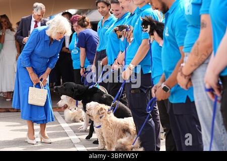 La Regina Camilla, Patrona della Battersea Dogs and Cats Home, incontra i cani durante una visita per scoprire la Royal Horticultural Society (RHS) e BBC radio 2 "Dog Garden", progettato da Monty Don, recentemente installato nel centro di Londra dell'ente di beneficenza presso la struttura di beneficenza nel sud di Londra. Data foto: Lunedì 14 luglio 2025. Foto Stock