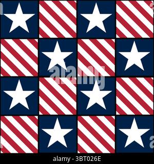 Un modello vettoriale ripetuto di stelle e strisce in rosso, bianco e blu, che ricorda un tema patriottico. Il design è caratterizzato da un layout a griglia con alte Illustrazione Vettoriale