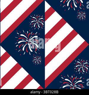 Un motivo vettoriale natalizio con strisce diagonali rosse e bianche su sfondo blu navy, ornato da colorate illustrazioni di fuochi d'artificio. Ideale per Illustrazione Vettoriale