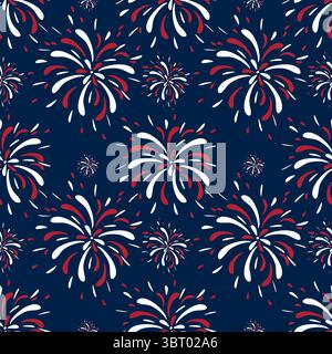 Un motivo vettoriale senza cuciture caratterizzato da fuochi d'artificio colorati in rosso, bianco e blu su sfondo blu scuro. Il design è festivo e celebrativo, Illustrazione Vettoriale