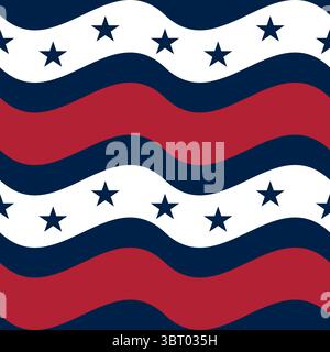 Un motivo vettoriale ondulato caratterizzato da strisce rosse, bianche e blu alternate a stelle, che ricordano temi patriottici. Illustrazione Vettoriale