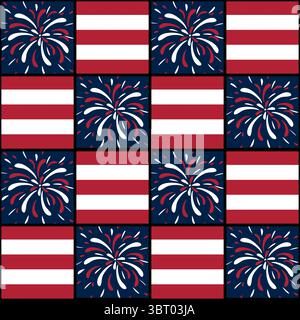Un motivo vettoriale ripetuto con strisce rosse e bianche e fuochi d'artificio colorati su sfondo blu navy, che evocano un festoso e patriottico Illustrazione Vettoriale