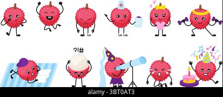 Caratteri Lychee. Frutti divertenti emozioni e pose diverse. Mascotte infantili, allenamento di riposo della frutta vitaminica festeggiamento del compleanno, cibo esotico neoterico Illustrazione Vettoriale