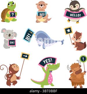 Divertente striscione di animali. Fumetto narwhal, coccodrillo, koala, tartaruga con striscioni positivi. Animali selvatici isolati, adorabili manifestanti vettoriali Illustrazione Vettoriale