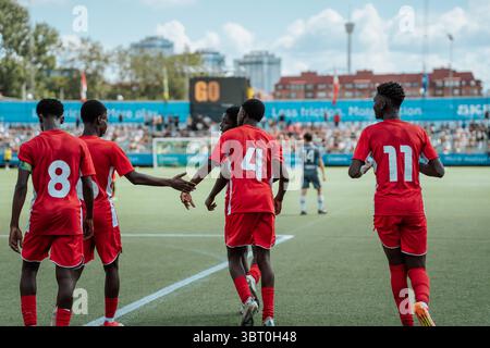 Gothenburg, Svezia. 14 luglio 2025. Gothenburg, Svezia, 7 luglio 2025 Players From Right to Dream - Ghana U16 celebrazione del gol durante la Gothia Cup 2025 a Gothenburg, Svezia. (Gabor Baumgarten/SPP) credito: SPP Sport Press Photo. /Alamy Live News Foto Stock
