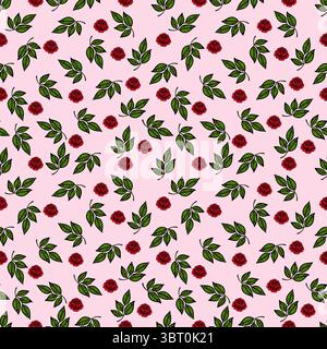 Un motivo vettoriale senza cuciture con rose rosse e foglie verdi su uno sfondo rosa tenue. Illustrazione Vettoriale