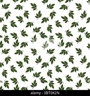 Un motivo vettoriale senza cuciture caratterizzato da varie foglie verdi su sfondo bianco, che creano un'estetica fresca e naturale. Illustrazione Vettoriale