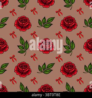 Un motivo vettoriale senza cuciture caratterizzato da rose rosse e foglie verdi vivaci, intervallate da piccoli archi rossi su sfondo marrone chiaro. Ideale per tessuti Illustrazione Vettoriale