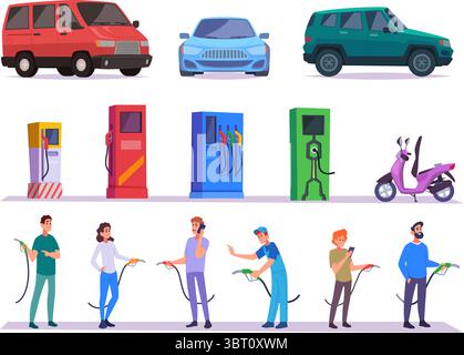 Lavoratori delle stazioni di servizio. I lavoratori professionisti della stazione di servizio fanno il pieno di auto Illustrazione Vettoriale
