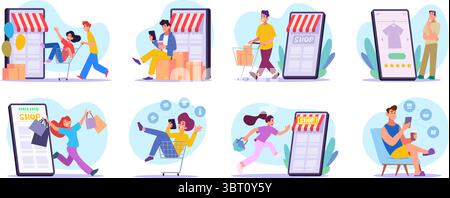 E-commerce. Illustrazione concettuale: Set di immagini mobili dei caratteri digitali per la spesa modello vettoriale esatto Illustrazione Vettoriale