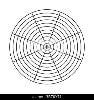 Modello ruota di vita. Semplice strumento di coaching per visualizzare tutte le aree della vita. Carta per grafici polare vuota. Diagramma circolare dell'equilibrio dello stile di vita. Illustrazione Vettoriale