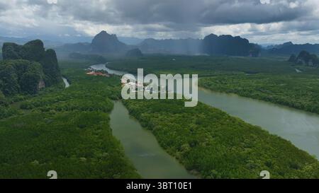 Vista aerea dei fiumi color smeraldo che serpeggiano attraverso fitte foreste di mangrovie, incorniciati da spettacolari formazioni carsiche calcaree sotto un cielo rigoglioso, Phang Nga, Thailandia. Foto Stock