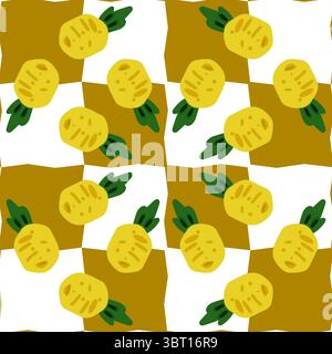 Motivo di frutta senza cuciture a scacchiera di ananas. Motivo senza cuciture con ananas stilizzati su sfondo giallo e bianco. Design luminoso e piatto con tro Illustrazione Vettoriale