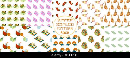 Set Summer Seamless Pattern Collection. Set di 10 motivi estivi senza cuciture con vari elementi di cartone animato. Design piatto e colorato con divertenti festività Illustrazione Vettoriale