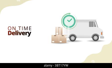 concetto di consegna puntuale. veicolo di consegna con pacchetto e orologio verde. illustrazione vettoriale isometrica in stile 3d per la gestione della supply chain Illustrazione Vettoriale