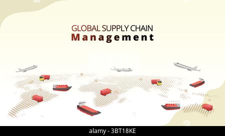 concetto di gestione della catena di fornitura globale. trasporto merci, camion logistico e aereo con sfondo a globo. gestione della catena di fornitura in stile 3d isometrico Illustrazione Vettoriale