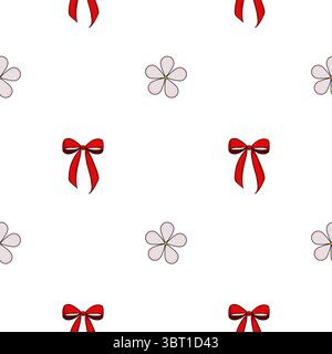 Un motivo vettoriale senza cuciture caratterizzato da archi rossi e semplici forme di fiori su sfondo bianco. Il design è divertente e festoso, adatto per l'avvolgimento Illustrazione Vettoriale