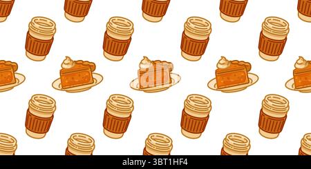 Motivo senza cuciture per il caffè Pie di zucca. Fette di torta di zucca con panna montata e tazze da caffè da asporto in un accogliente motivo autunnale. Stile cartoni animati piatto, caldo Illustrazione Vettoriale