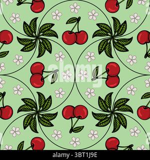 Un vivace motivo vettoriale con ciliegie rosse, foglie verdi e piccoli fiori rosa su sfondo verde chiaro. Il design è divertente e adatto Illustrazione Vettoriale