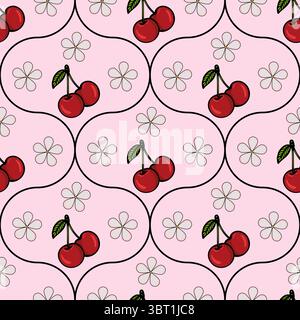 Un motivo vettoriale ripetuto con ciliegie rosse con foglie verdi su sfondo rosa, intervallate da piccoli fiori bianchi. Il design è giocoso Illustrazione Vettoriale
