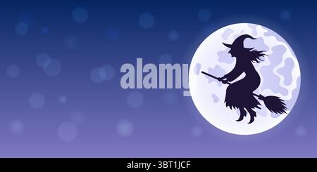 Illustrazione vettoriale di un poster o banner con luna e strega, sfondo blu con effetto bokeh e spazio vuoto per il testo. Illustrazione Vettoriale