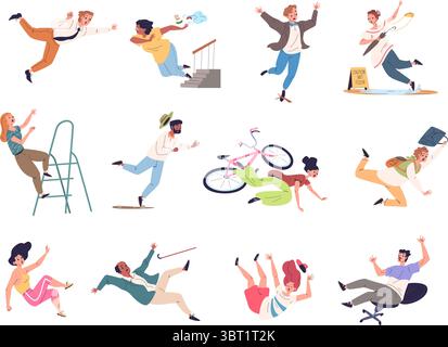 Caduta di persone incidente. Caduta della persona dalla scala, scivolamento uomo scivolare donna scale caduta ufficio sicurezza attenzione pericolo pavimento scivoloso rischio di guasto impostare illustrazione vettoriale di classe grafica originale Illustrazione Vettoriale