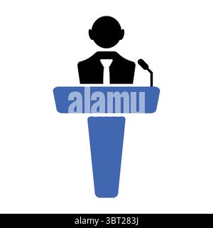 Icona altoparlante pubblico sul podio con illustrazione del microfono. Una silhouette semplificata di una persona che si trova dietro un podio blu, che tiene un discorso. Illustrazione Vettoriale