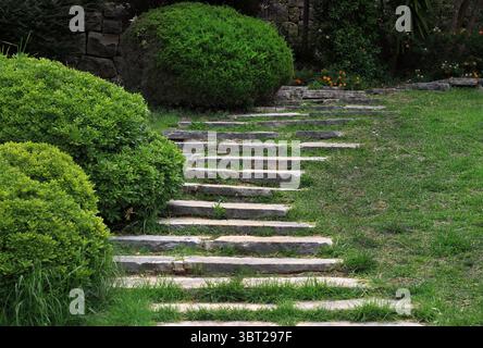 Una scalinata in pietra circondata da lussureggianti prati e alberi verdi. Foto Stock