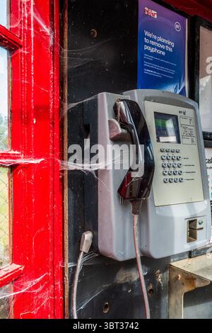 Cabina telefonica rossa BT britannica fuori servizio e in disuso con ragnatele, presto fuori servizio nel villaggio rurale del Dorset. Foto Stock