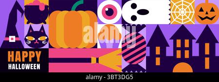 Banner, volantino, poster, biglietto d'auguri di buon Halloween. Sfondo geometrico con castello, zucca, fantasma, gatto, caramelle. Design piatto color block Holiday VE Illustrazione Vettoriale